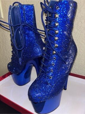Pleaser Electric Blue Glitter Lace-Up Platform Ankle Boots